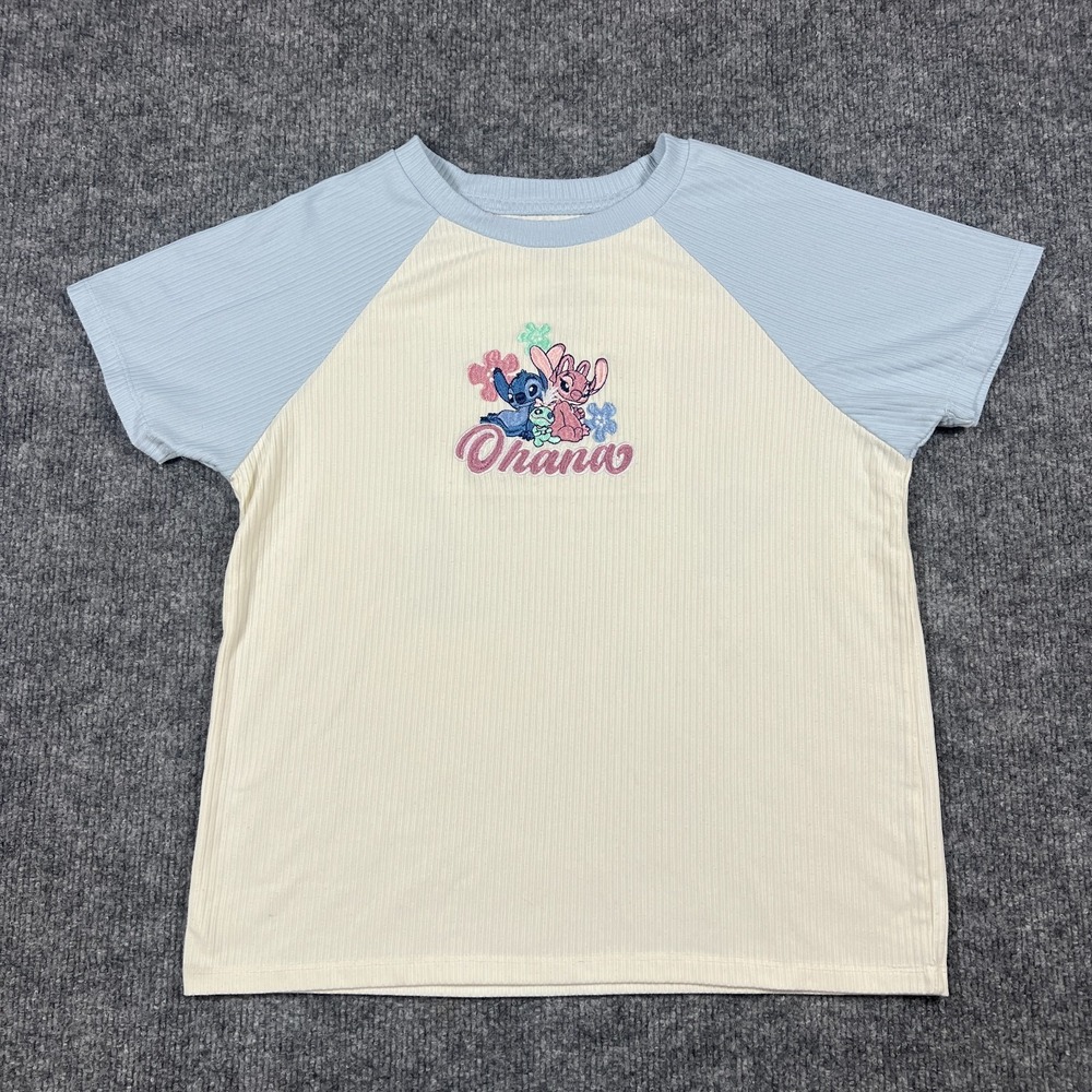 Disney T Shirt Girls Large 14 Blue White Lilo & Stitch Embroidered Short Sleeve